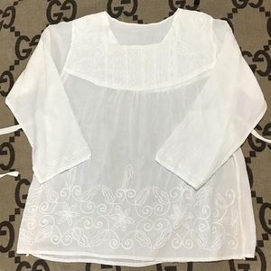 Women’s White Linen-like Long Sleeve Embroidered Square Neck Tunic / Coverup